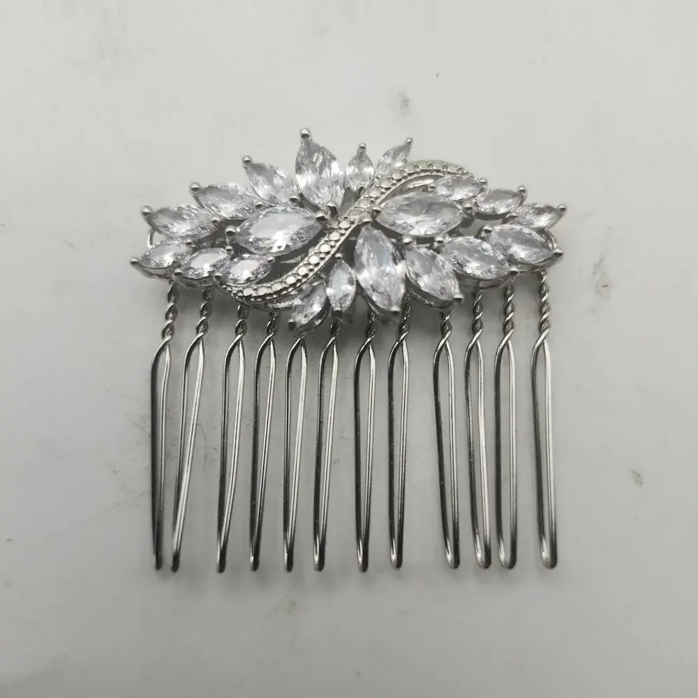 Silver Tone Rhinestone Bridal Hair Comb Pair Floral Leaf Wedding Prom Accessory